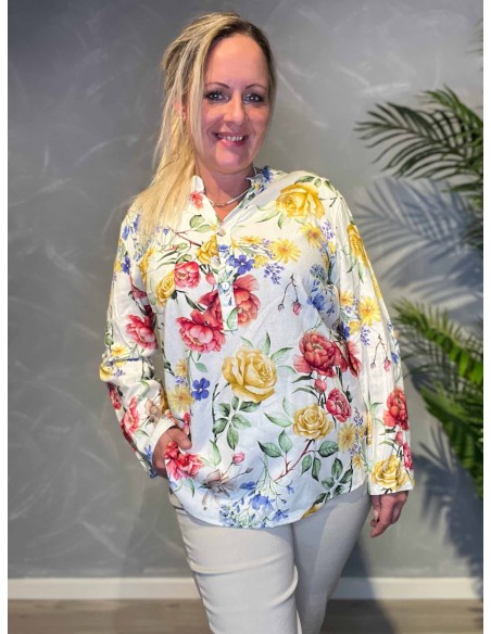 Off white hør skjortebluse med blomster til kvinder – TIPPY collection