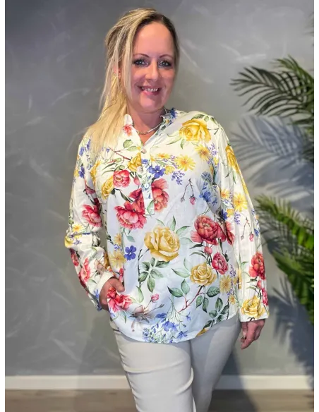 Off white hør skjortebluse med blomster til kvinder – TIPPY collection