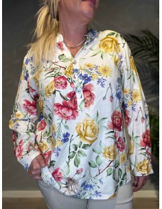 Off white hør skjortebluse med blomster til kvinder – TIPPY collection 2
