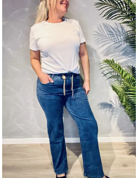 blå straight leg jeans til kvinder med elastik i taljen – Cherry Berry