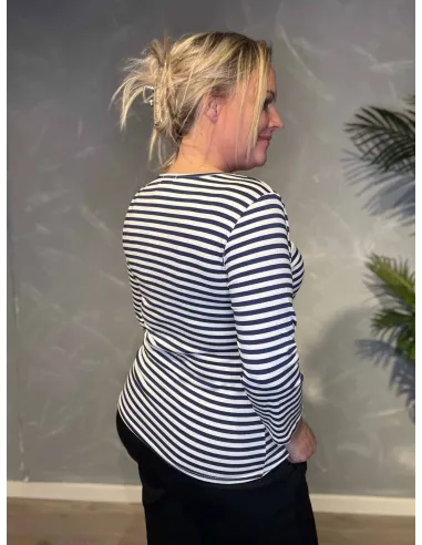 Navy/hvid stribet t-shirt med 3/4 ærmer, vist bagfra