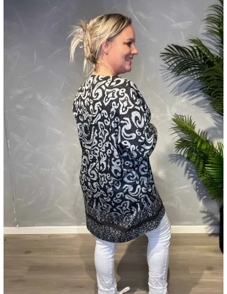 "Bagside af sort tunika med print til kvinder - TIPPY"