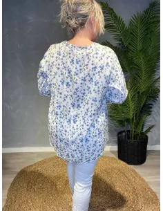 Off-white bluse med blåt blomsterprint, V-hals og lange ærmer i viskose kvalitet 2