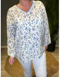Off-white bluse med blåt blomsterprint, V-hals og lange ærmer i viskose kvalitet