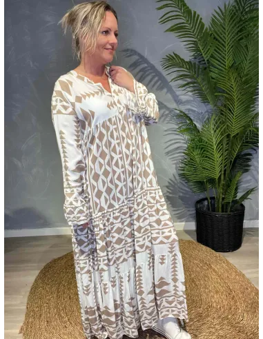 Beige maxikjole med grafisk print til kvinder – TIPPY Collection