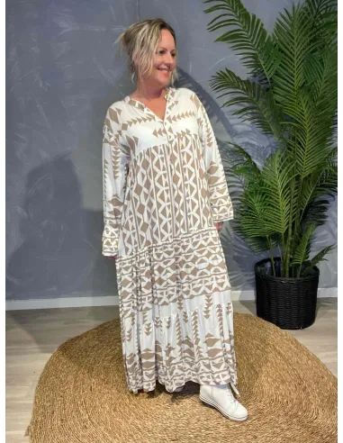 Beige maxikjole med grafisk print til kvinder – TIPPY Collection