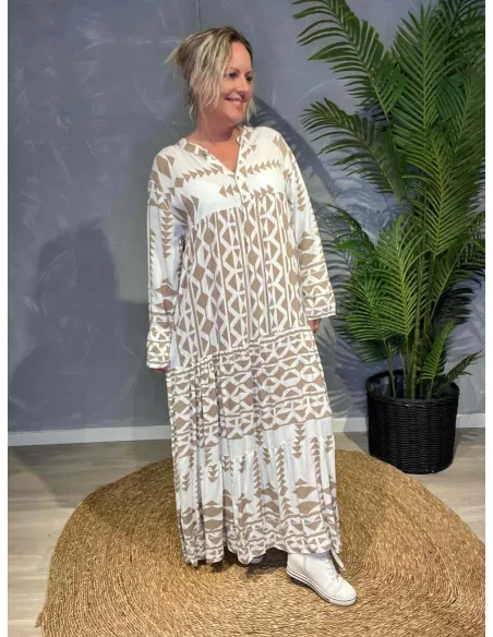 Beige maxikjole med grafisk print til kvinder – TIPPY Collection