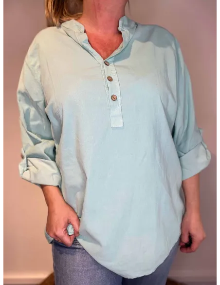 Mint fløjls skjorte-bluse med knapper og opsmøgede ærmer, casual fit med brystlomme, tæt på for detaljer - TIPPY