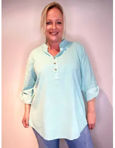 Mint fløjls skjorte-bluse med knapper og opsmøgede ærmer, casual fit med brystlomme -TIPPY