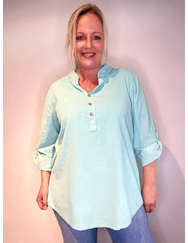 Mint fløjls skjorte-bluse med knapper og opsmøgede ærmer, casual fit med brystlomme -TIPPY