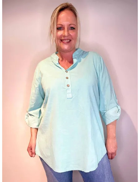 Mint fløjls skjorte-bluse med knapper og opsmøgede ærmer, casual fit med brystlomme -TIPPY