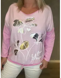 Rosa langærmet bluse med blomster sølvprint til kvinder – TIPPY Collection 2