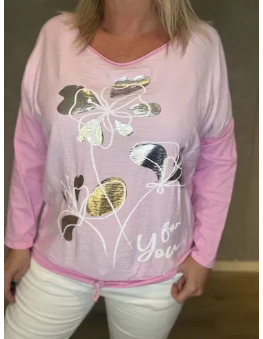 Blomster sølvprint og snøre på rosa bluse – TIPPY