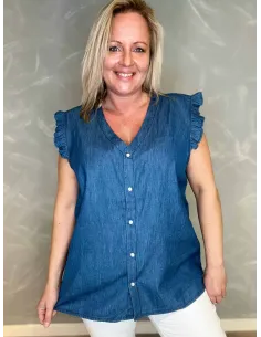 Denim blå skjortebluse med flæseærme til kvinder – Design by TIPPY