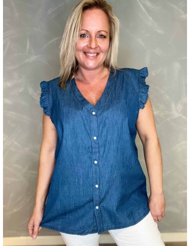 Denim blå skjortebluse med flæseærme til kvinder – Design by TIPPY