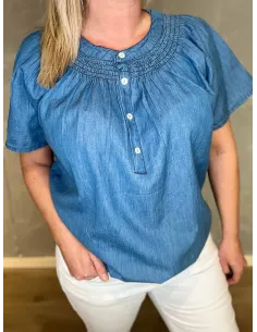 Denim blå bluse med smock til kvinder – Design by Tippy 2